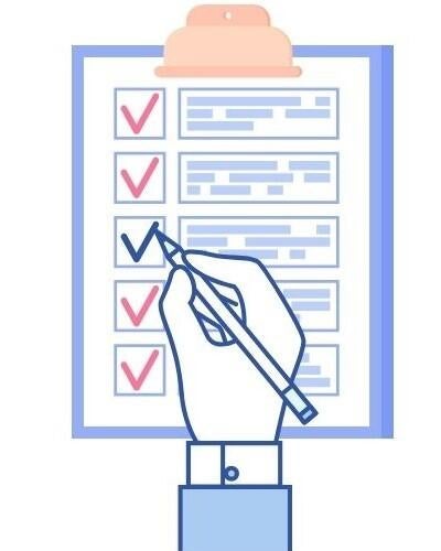 Graphic of a right hand holding a pencil, writing a checkmark on a form