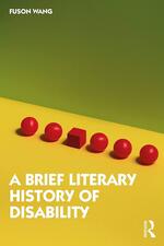 A book cover of Fuson Wang's "A Brief Literary History of Disability" with five red spheres and one red cube on a yellow background and a green upper section