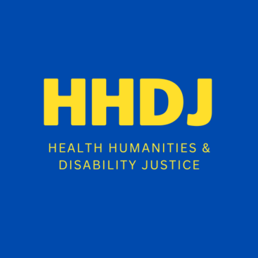 HHDJ: Health Humanities & Disability Justice Logo, yellow text on a blue background